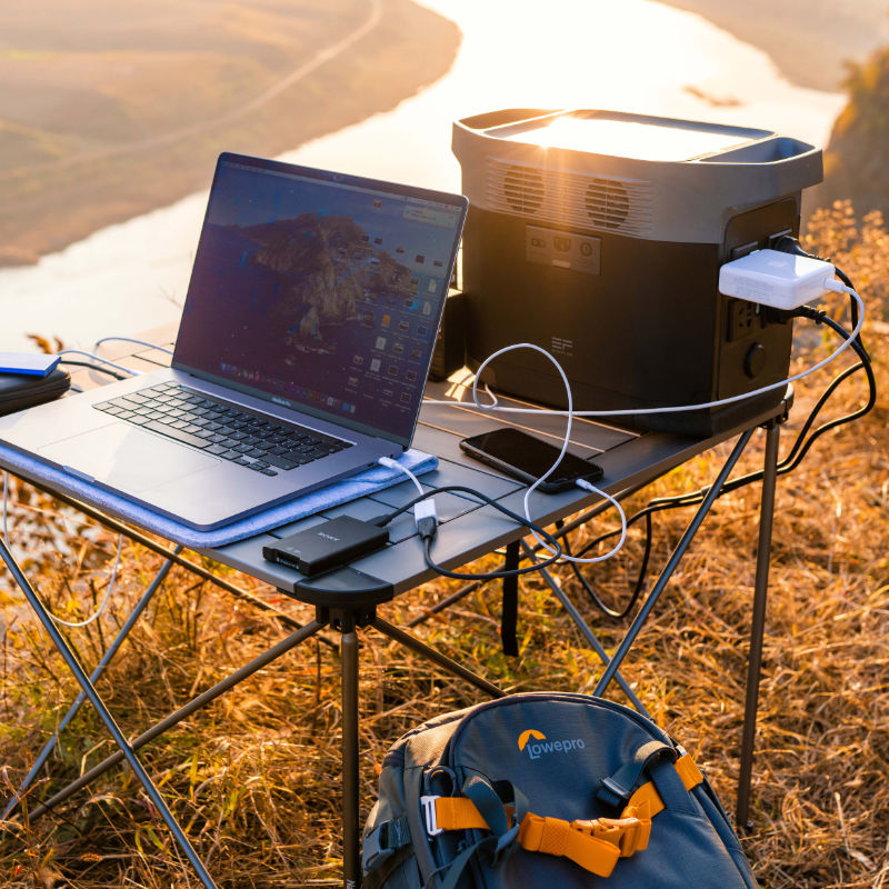 EcoFlow DELTA Portable Power Station charging computer while camping