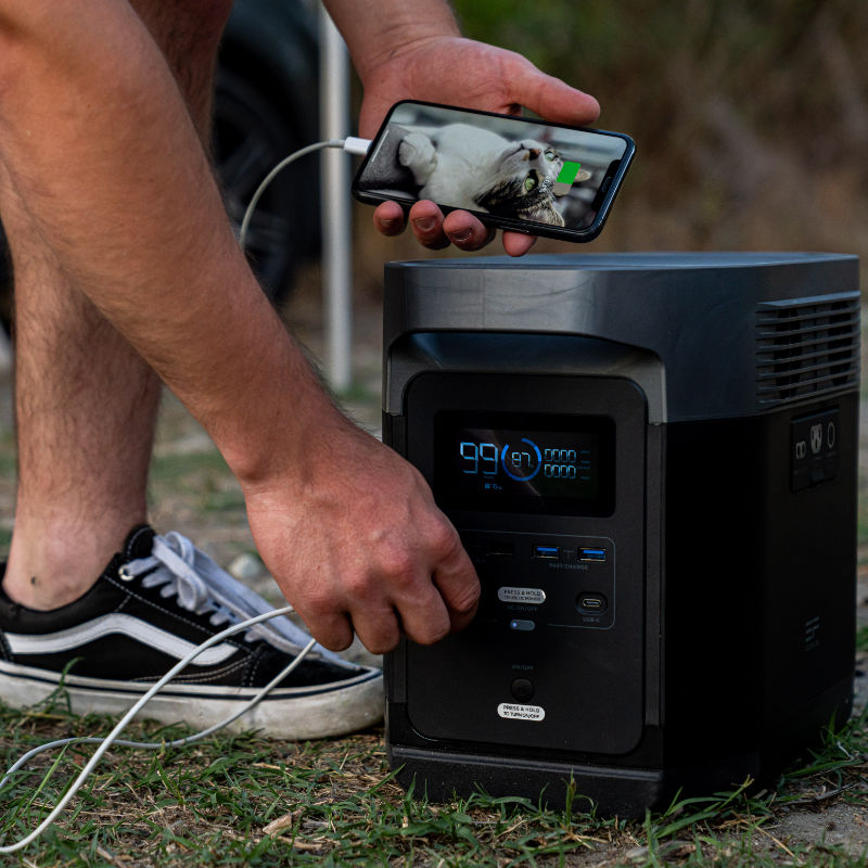 EcoFlow DELTA Portable Power Station charging phone while camping